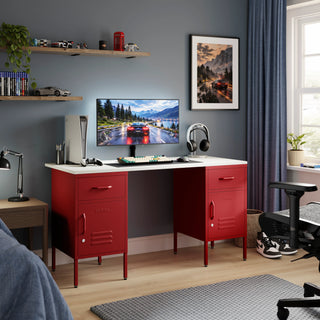 The Double Bromley Children/Teenage Desk with Red Lockers - White Desktop - Urban Lockers