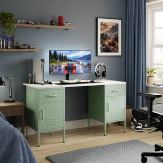 The Double Bromley Children/Teenage Desk with Sage Lockers - White Desktop - Urban Lockers
