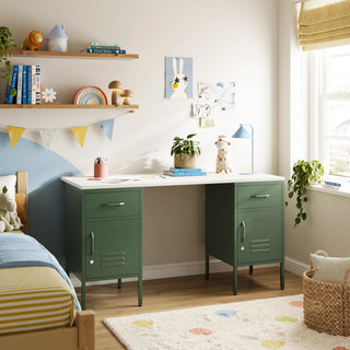 The Double Bromley Children/Teenage Desk with Forest Lockers - White Desktop - Urban Lockers