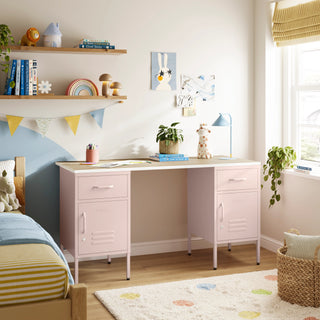 The Double Bromley Children/Teenage Desk with Light Pink Lockers - Oak Desktop - Urban Lockers