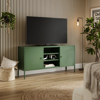The Henley metal TV stand and media unit in forest with two cupboards and open central shelving.