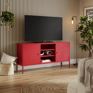 The Henley metal TV stand and media unit in red with two cupboards and open central shelving.