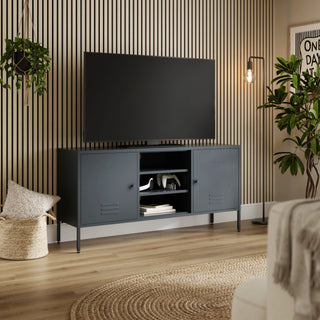 Henley TV stand with two cupboards and open shelving, styled beneath a TV in a living room