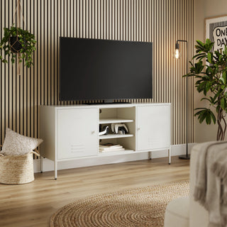 The Henley metal TV stand and media unit in vanilla with two cupboards and open central shelving.