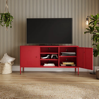The Henley metal TV stand and media unit in red with two cupboards and open central shelving.