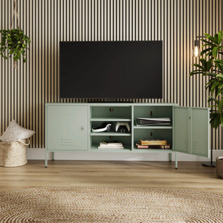 The Henley metal TV stand and media unit in sage with two cupboards and open central shelving.