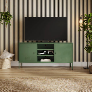 The Henley metal TV stand and media unit in forest with two cupboards and open central shelving.