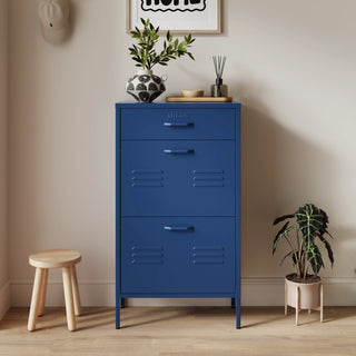 The Shoreditch shoe cabinet in navy blue with a top drawer, two lower shoe compartments and matching handles, styled in a hallway.