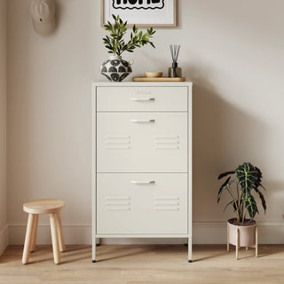 The Shoreditch shoe cabinet in Vanilla with a top drawer, two lower shoe compartments and matching handles, styled in a hallway.