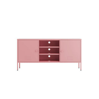 The Henley metal TV stand and media unit in flamingo with two cupboards and open central shelving.