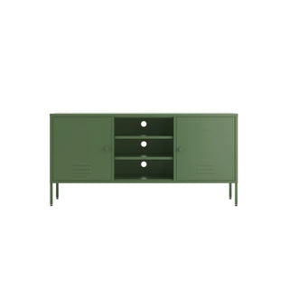 The Henley metal TV stand and media unit in forest with two cupboards and open central shelving.