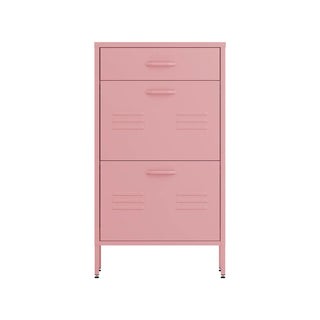 The Shoreditch shoe cabinet in flamingo with a top drawer, two lower shoe compartments and matching handles, styled in a hallway.