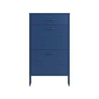 The Shoreditch shoe cabinet in navy blue with a top drawer, two lower shoe compartments and matching handles, styled in a hallway.