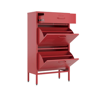 The Shoreditch shoe cabinet in red with a top drawer, two lower shoe compartments and matching handles, styled in a hallway.