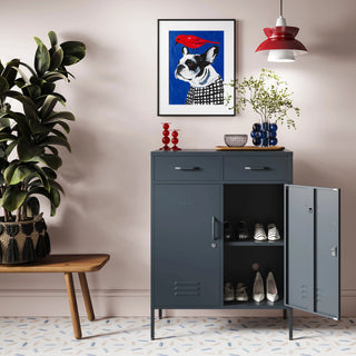 the Kensington in slate grey, a 2 Door, 2 Drawer Metal Locker open to reveal 2 shelves with shoes inside.