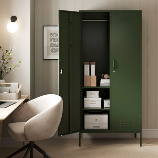 The Chelsea tall double-door metal storage locker in forest green with one door open